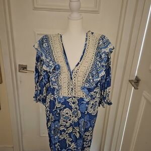 FARM Rio Blue and Cream Floral Jumpsuit